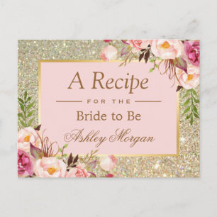 Gold Glitter Pink Floral Vrijgezellenfeest Recipe Briefkaart