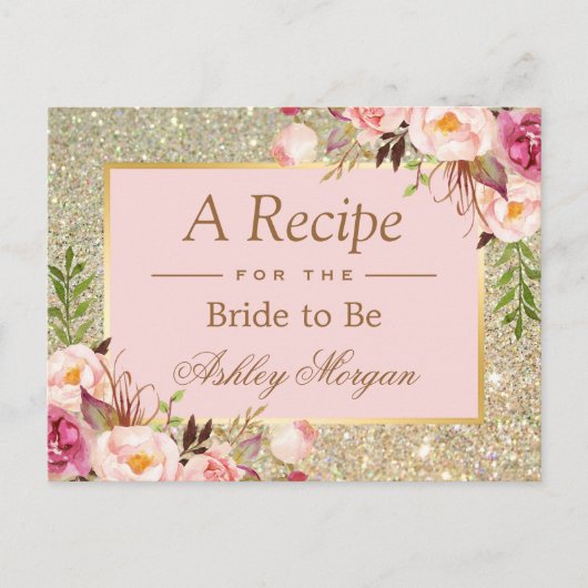 Gold Glitter Pink Floral Vrijgezellenfeest Recipe  Briefkaart (Voorkant)