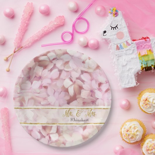 Gold Glitter Pink Hydrangea Flowers Mr en Mrs. Papieren Bordje (Feest)