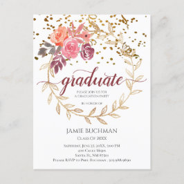 Gold Glitter Pink Marsala Floral Gradual Party Uitnodiging Briefkaart