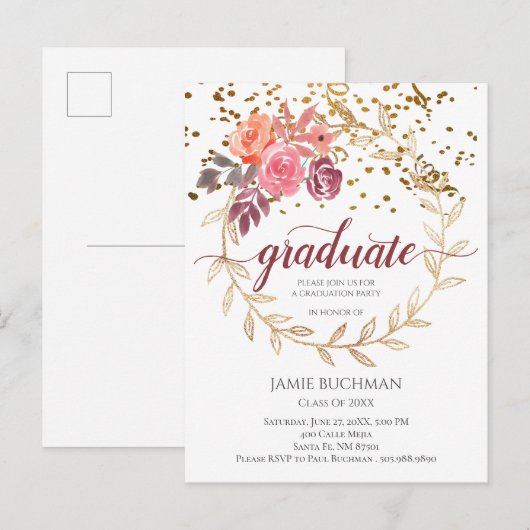 Gold Glitter Pink Marsala Floral Gradual Party Uitnodiging Briefkaart (Voorkant / Achterkant)