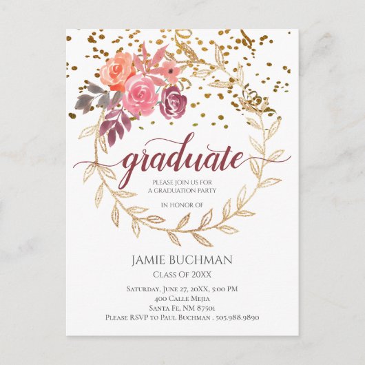 Gold Glitter Pink Marsala Floral Gradual Party Uitnodiging Briefkaart (Voorkant)