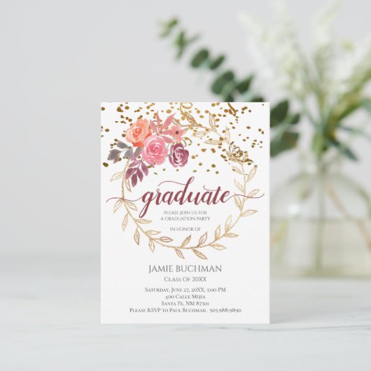Gold Glitter Pink Marsala Floral Gradual Party Uitnodiging Briefkaart (Staand voorkant)