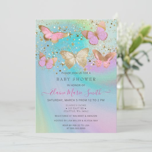 Gold Glitter Pink Paars Butterflies Baby shower Kaart (Staand voorkant)