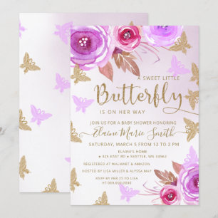 Gold Glitter Pink Paars Butterflies Baby shower Kaart