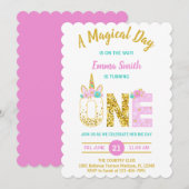 Gold Glitter Pink Unicorn 1e verjaardag Uitnodigin Kaart (Voorkant / Achterkant)