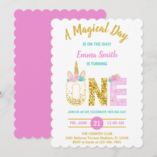 Gold Glitter Pink Unicorn 1e verjaardag Uitnodigin Kaart (Voorkant / Achterkant)