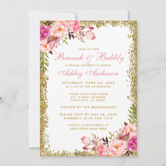 Gold Glitter Pink Vrijgezellenfeest Brunch Invite Kaart (Voorkant)