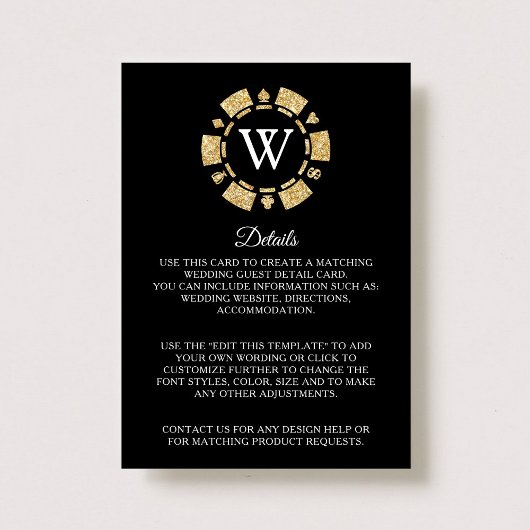 Gold Glitter Poker Chip Casino Wedding Detail Informatiekaartje