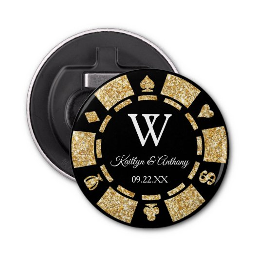 Gold Glitter Poker Chip Casino Wedding Party Favor Button Flesopener (Voorkant)