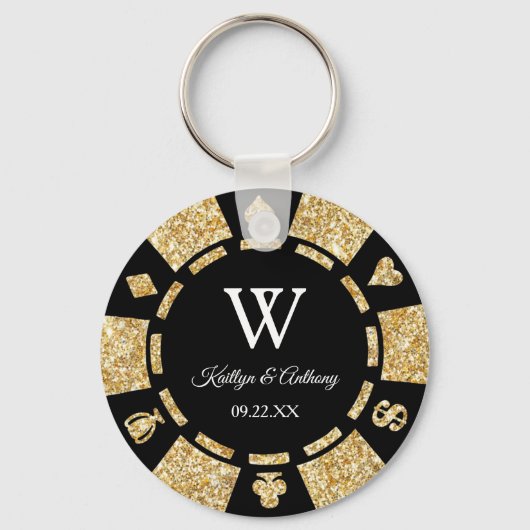Gold Glitter Poker Chip Casino Wedding Party Favor Sleutelhanger (Voorkant)