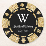 Gold Glitter Poker Chip Casino Wedding Ronde Kartonnen Onderzetter<br><div class="desc">Viel in stijl met deze trendy pokerchip onderzetters. Het ontwerp is gemakkelijk te personaliseren met je eigen formulering en je familie en vrienden zullen enthousiast zijn als ze deze geweldige onderzetters zien.</div>