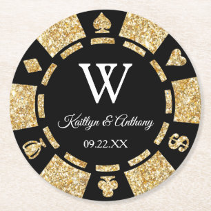 Gold Glitter Poker Chip Casino Wedding Ronde Kartonnen Onderzetter