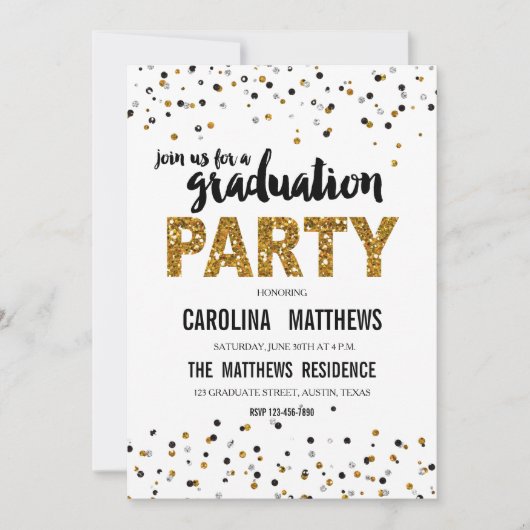 Gold Glitter Polka Dot Graduation Party Invitation Kaart (Voorkant)