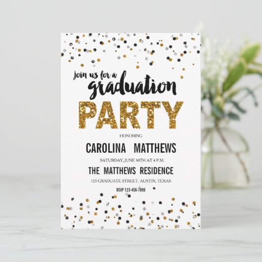 Gold Glitter Polka Dot Graduation Party Invitation Kaart (Staand voorkant)