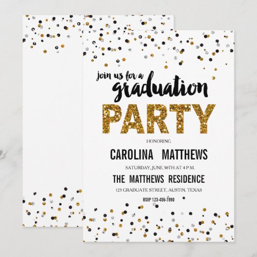 Gold Glitter Polka Dot Graduation Party Invitation Kaart (Voorkant / Achterkant)