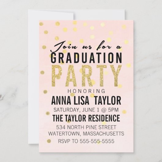 Gold Glitter Polka Dot Graduation Party Invitation Kaart (Voorkant)