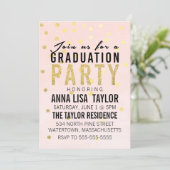 Gold Glitter Polka Dot Graduation Party Invitation Kaart (Staand voorkant)