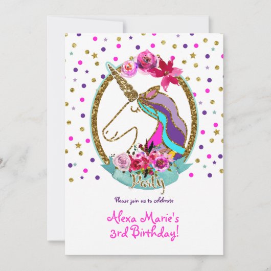 Gold Glitter Polka Dots Unicorn Birthday Party Kaart (Voorkant)
