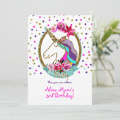 Gold Glitter Polka Dots Unicorn Birthday Party Kaart (Staand voorkant)