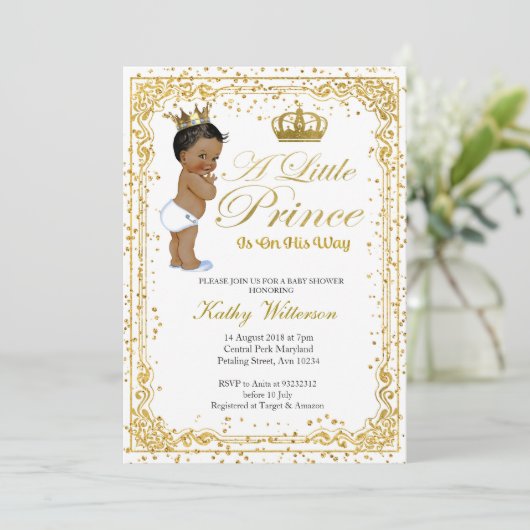 Gold Glitter Prince Baby shower uitnodiging (Staand voorkant)