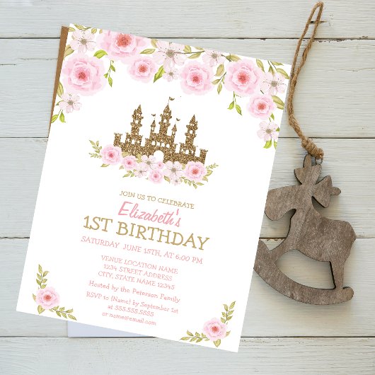 Gold Glitter Princess Castle, Floral Birthday Kaart