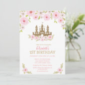 Gold Glitter Princess Castle, Floral Birthday Kaart (Staand voorkant)