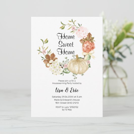 Gold Glitter Pumpkin Housewarming Party Invite Kaart (Staand voorkant)