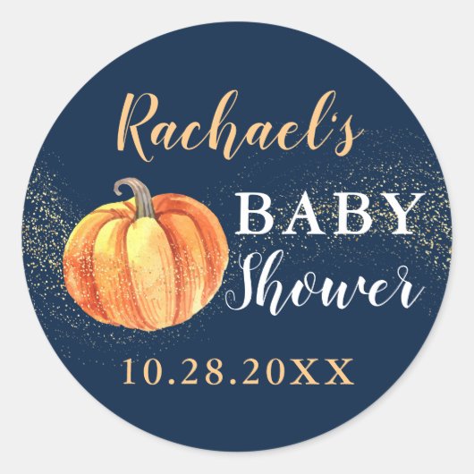 Gold Glitter Pumpkin Navy Blue Baby shower Ronde Sticker (Voorkant)