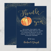 Gold Glitter Pumpkin Navy Blue Boy Baby shower Bedankkaart (Voorkant / Achterkant)