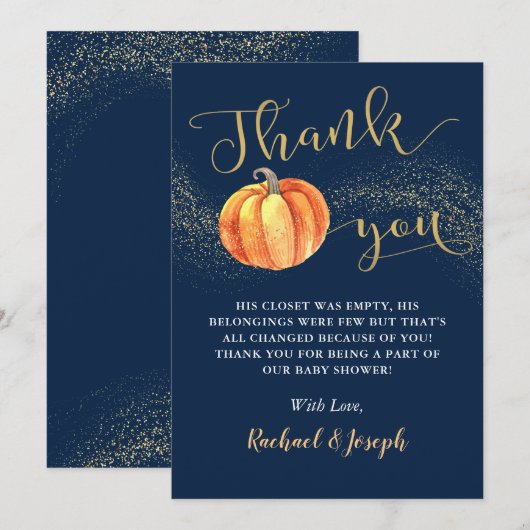 Gold Glitter Pumpkin Navy Blue Boy Baby shower Bedankkaart (Voorkant / Achterkant)