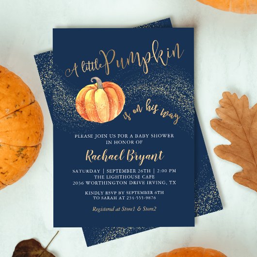 Gold Glitter Pumpkin Navy Blue Boy Baby shower Kaart