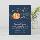 Gold Glitter Pumpkin Navy Blue Boy Baby shower Kaart (Staand voorkant)