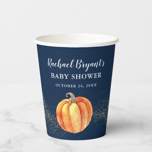 Gold Glitter Pumpkin Navy Blue Boy Baby shower Papieren Bekers (Achterkant)