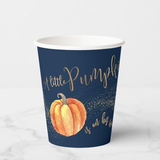 Gold Glitter Pumpkin Navy Blue Boy Baby shower Papieren Bekers (Voorkant)