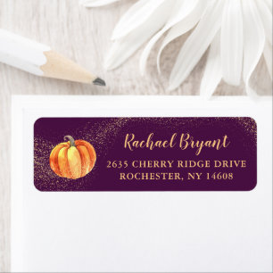 Gold Glitter Pumpkin Paarse Herfst Return Address Etiket