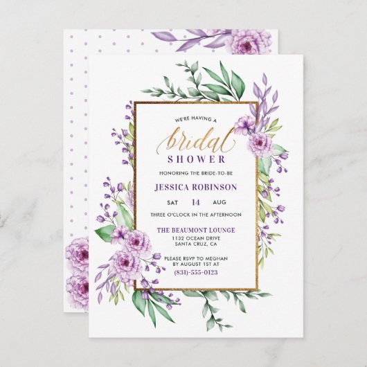 Gold Glitter Purple Flowers Script Vrijgezellenfee Uitnodiging Briefkaart (Voorkant / Achterkant)