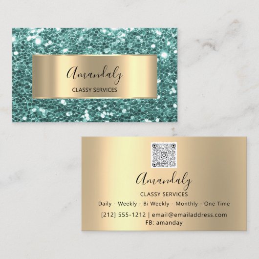 Gold Glitter QR-code Logo Blauwgroen Mint Green Bu Visitekaartje (Voorkant / Achterkant)