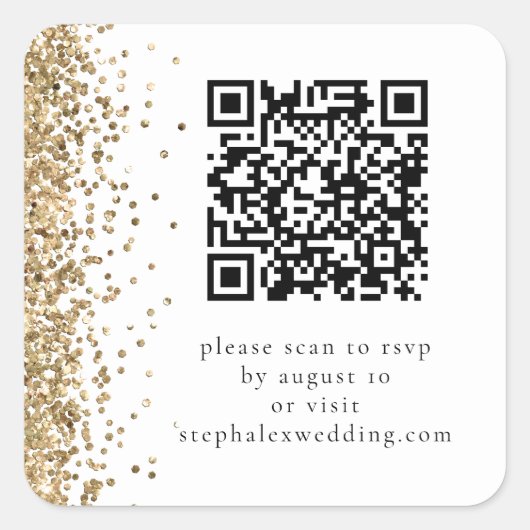 Gold Glitter QR-code naar RSVP Wedding Vierkante Sticker (Voorkant)