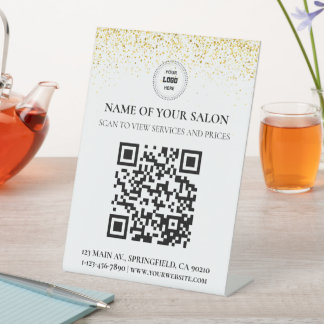 Gold Glitter QR Code Salon Service Display Sign Reclamebord Met Voetstuk