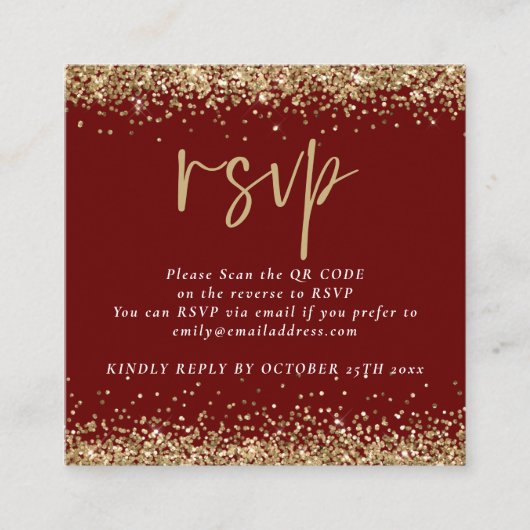 Gold Glitter QR Code Weddenschap Bourgogne Online  Informatiekaartje (Voorkant)