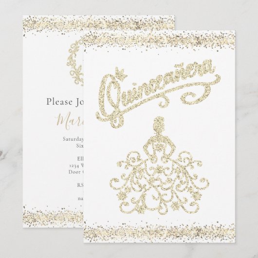 Gold Glitter Quinceañera 15 Crown Invitation Kaart (Voorkant / Achterkant)