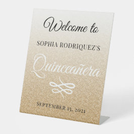 Gold Glitter Quinceañera 15e verjaardag Welkom Reclamebord Met Voetstuk