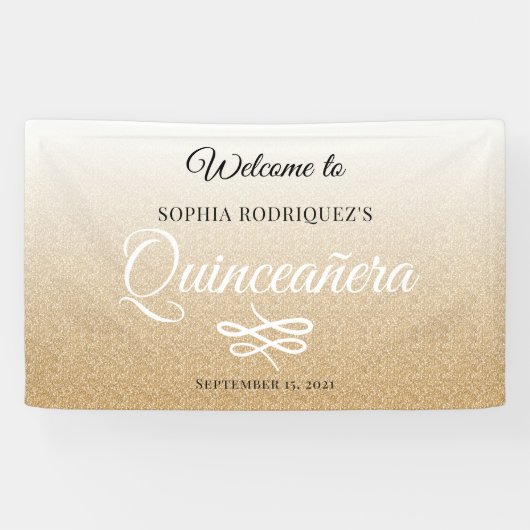 Gold Glitter Quinceañera 15e verjaardag Welkom Spandoek (Horizontaal)