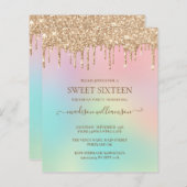 Gold Glitter & Rainbow Sweet 16 met budgetdruppela (Voorkant / Achterkant)