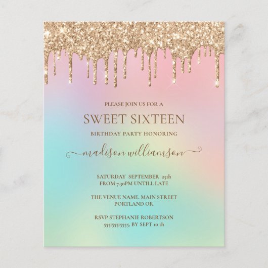 Gold Glitter & Rainbow Sweet 16 met budgetdruppela (Voorkant)
