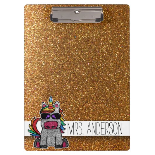 Gold Glitter Rainbow Unicorn-docenten klaslokaal Klembord (Voorkant)