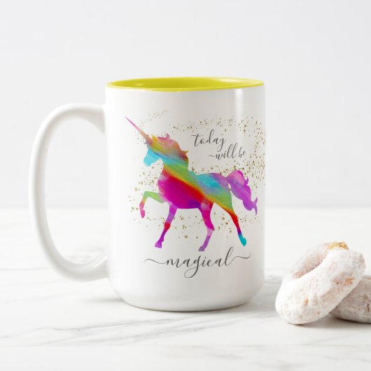 Gold Glitter Rainbow Unicorn Vandaag zal Magisch z Tweekleurige Koffiemok (Met donut)
