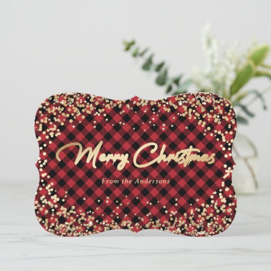 Gold Glitter Red Buffalo met kerstkaarten Feestdagenkaart (Staand voorkant)