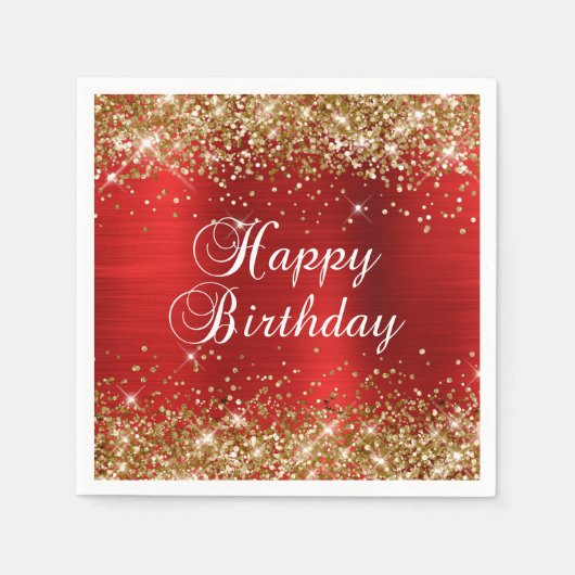 Gold Glitter Red Foil Happy Birthday Servet (Voorkant)